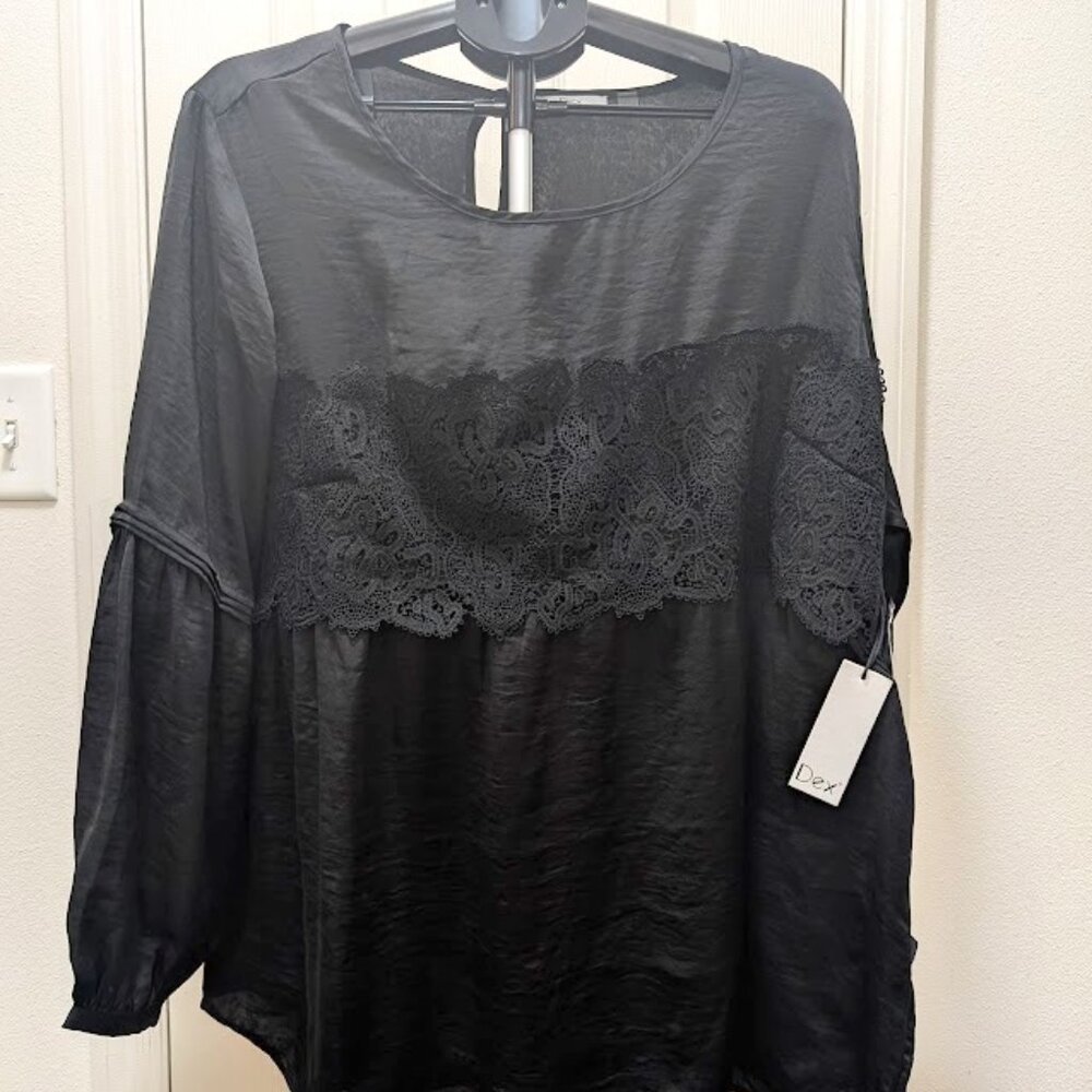 NWT Dex Plus Black and Lace 2X New Top Blouse Shirt